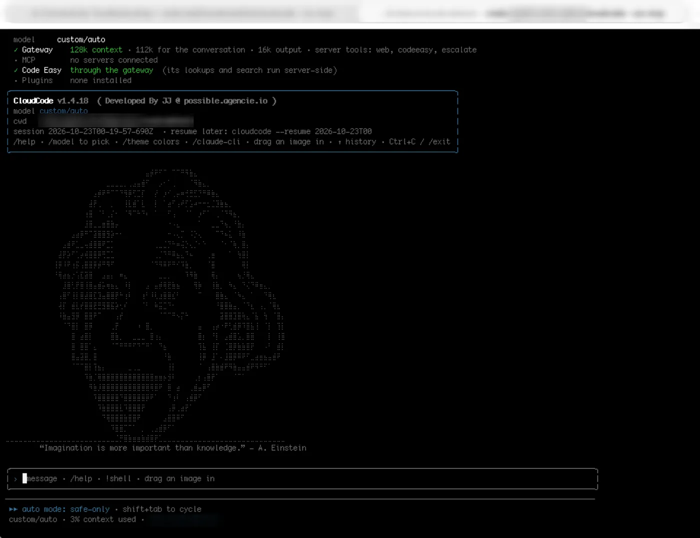 CloudCode starting in a terminal with the gateway as its provider