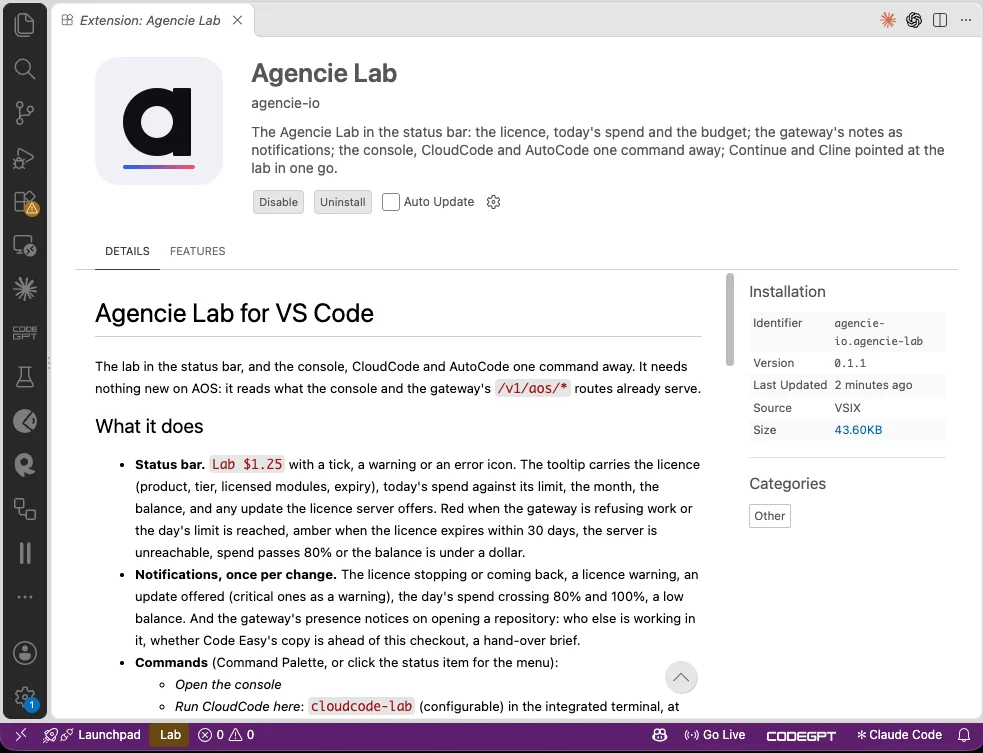 The Agencie Lab extension in VS Code with the Lab item in the status bar